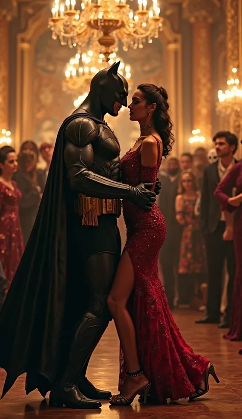 where Batman and Catwoman dance hand in hand,  cheek dance , Masquerade where many pairs of men and women dance in gorgeous costumes and masks, A glittering dance venue surrounded by gorgeous chandeliers and golden walls with mosaics, Everyone is paying attention to the dynamic dance of Batman and Catwoman dancing in the center, A fluttering Batman cloak linked to dance movements, anatomically accurate portrait