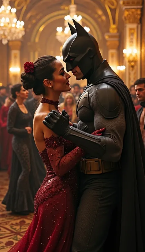 where Batman and Catwoman dance hand in hand,  cheek dance , Masquerade where many pairs of men and women dance in gorgeous costumes and masks, A glittering dance venue surrounded by gorgeous chandeliers and golden walls with mosaics, Everyone is paying attention to the dynamic dance of Batman and Catwoman dancing in the center, A fluttering Batman cloak linked to dance movements, anatomically accurate portrait