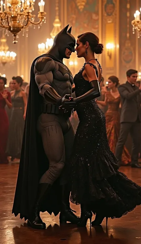 where Batman and Catwoman dance hand in hand,  cheek dance , Masquerade where many pairs of men and women dance in gorgeous costumes and masks, A glittering dance venue surrounded by gorgeous chandeliers and golden walls with mosaics, Everyone is paying attention to the dynamic dance of Batman and Catwoman dancing in the center, A fluttering Batman cloak linked to dance movements, anatomically accurate portrait