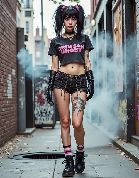 sexy artsy NYC graphic artist, standing proudly, cute punk aesthetic, mini skirt, flashing panties, messy black hair, bangs lipstick, mascara, mismatched socks, thick soled sneakers, on the street, graffiti, manhole steam, skimpy Misfits "Crimson Ghost" lo...