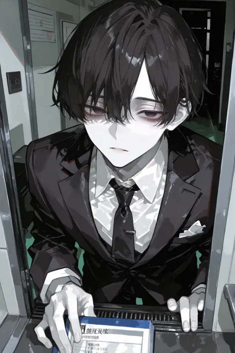 male、solo、black hair mash、、My bangs are getting stiff、my bangs are raised、No bangs、white skin、Zitoida、Dark Eyes、under-eye area、handsome、Glutinous meat、Tall、office worker peeking out of the shadows、I'm wearing a proper tie、in a suit、They stand in front of t...