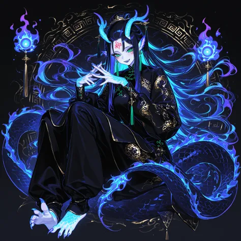 Girl is Azure dragon Lúng,she is hybrid of Eastern dragon. She has a sporty feminine bodybuilding. She has a pale skin covered with  navy blue and azure scales with Nazar pattern. She has red fire stripes tattoos on her face , and all over her body. Her li...