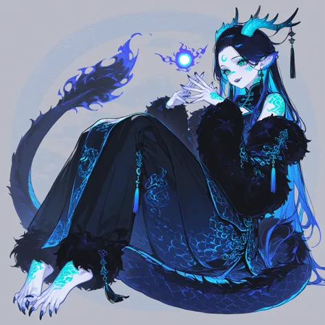 Girl is Azure dragon Lúng,she is hybrid of Eastern dragon. She has a sporty feminine bodybuilding. She has a pale skin covered with  navy blue and azure scales with Nazar pattern. She has red fire stripes tattoos on her face , and all over her body. Her li...