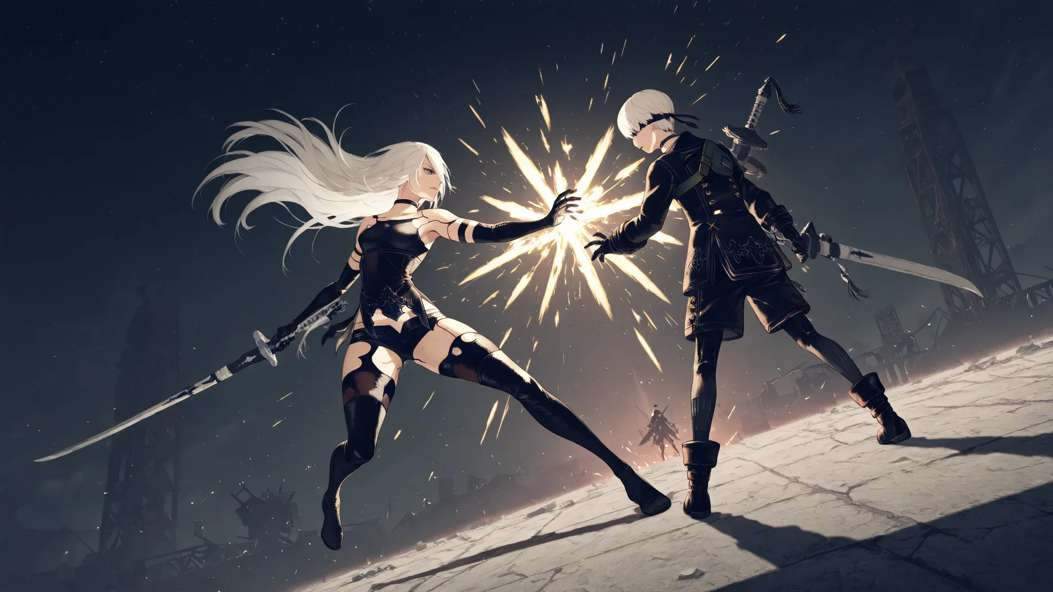 9s,white hair,choker,a2_\(nier:automata\),scenery, nierscene, in a bright space, YorHA 9S fighting A2, fighting each other, holding sword tightly, sword fighting, epic fight, lit from behind, swords clashing, sparks flying from swords, scowling, Dutch angl...