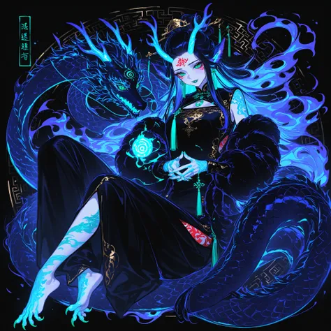 Girl is Azure dragon Lúng,she is hybrid of Eastern dragon. She has a sporty feminine bodybuilding. She has a pale skin covered with  navy blue and azure scales with Nazar pattern. She has red fire stripes tattoos on her face , and all over her body. Her li...