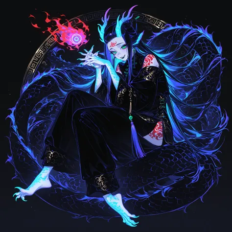 Girl is Azure dragon Lúng,she is hybrid of Eastern dragon. She has a sporty feminine bodybuilding. She has a pale skin covered with  navy blue and azure scales with Nazar pattern. She has red fire stripes tattoos on her face , and all over her body. Her li...