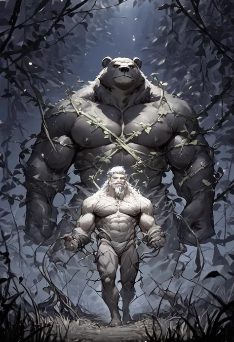 realistic, real shadow and light,depth of field, slender body, commission for high res, anthropomorphic, there is a black Bear, Athletic body, huge pecs, full body, (The body is covered with insect webs), Dark skin, white hair, beard, There are scars on th...