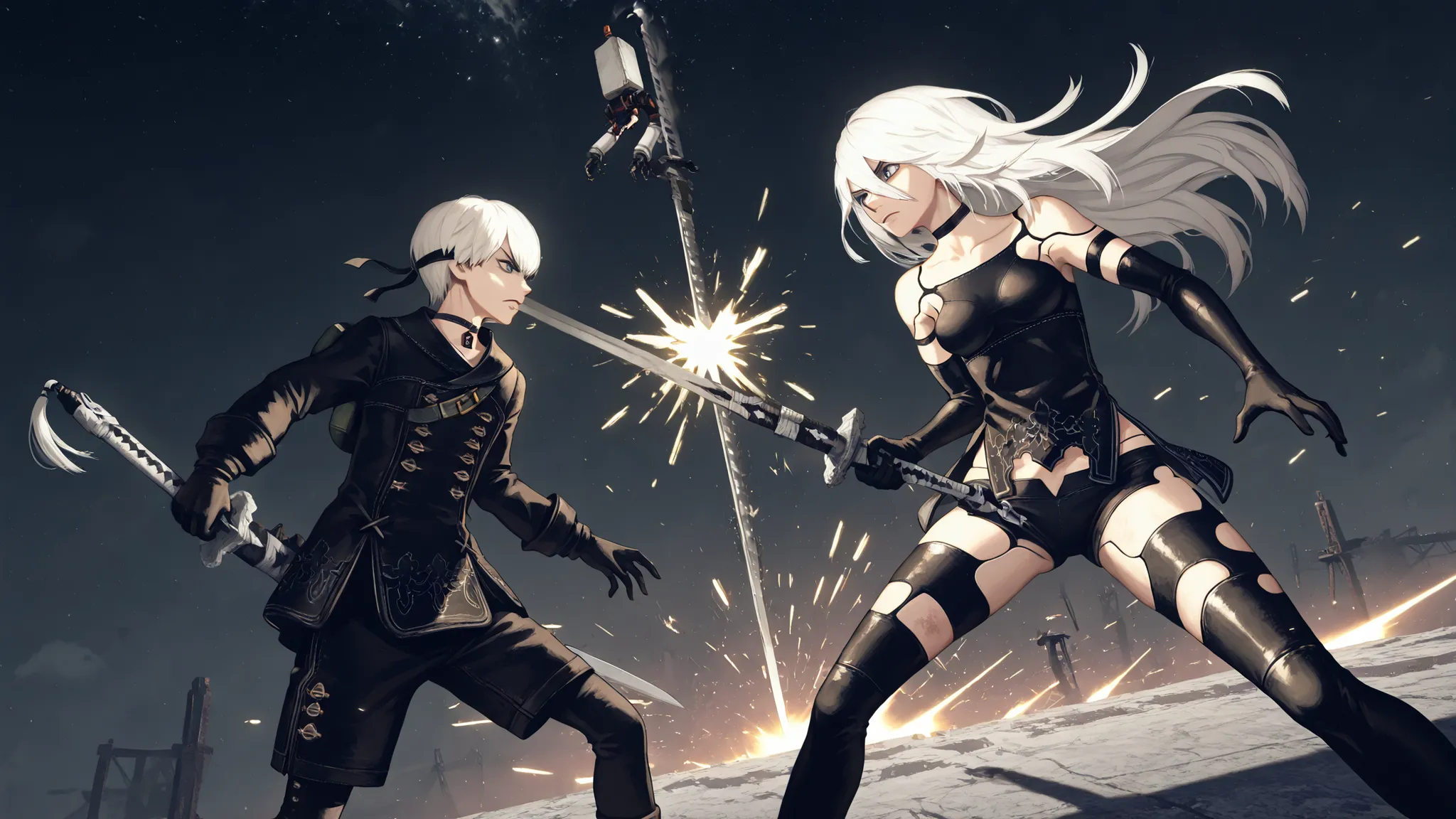 2characters, 9s,white hair,choker,a2_\(nier:automata\),scenery, nierscene, in a bright space, YorHA 9S fighting A2, fighting each other, holding sword tightly, sword fighting, epic fight, lit from behind, swords clashing, sparks flying from swords, scowlin...