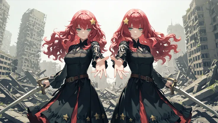 DevolaPopola,scenery, nierscene, city ruins, 2characters, (Popola, red hair, hair ornament, dress, long hair, hair flower, green eyes, belt, bangs), (Devola, wavy hair, red hair, star hair ornament, star (symbol), medium breasts, dress, green eyes, long ha...