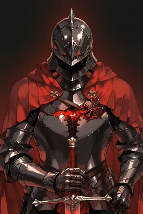 Medieval Knight Full Coverage Helmet,Black and Dark Red Full Coverage Medieval Knight Armor,One eye on the chest,A long sword with a magma pattern in his hand, no background ,Facing me