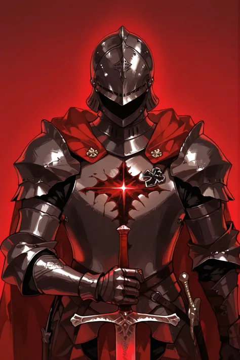 Medieval Knight Full Coverage Helmet,Black and Dark Red Full Coverage Medieval Knight Armor,One eye on the chest,A long sword with a magma pattern in his hand, no background ,Facing me,Evil