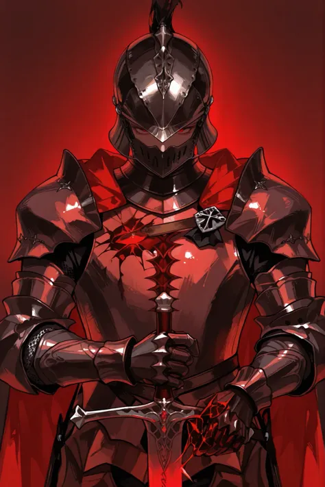 medieval knight's helmet,Reveal your face,Red Eyes, male,Black and Dark Red Full Coverage Medieval Knight Armor,One eye on the chest,A long sword with a magma pattern in his hand, no background ,Facing me,Evil,tall and straight