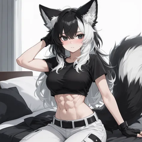 woman, KITSUNE ears and tail, black and white colored hair, white and black eyes, black t-shirt, white combat pants, buff, abs, black gloves, hottie, above avarage sized breasts, slight blush, black bedroom background, digital anime style