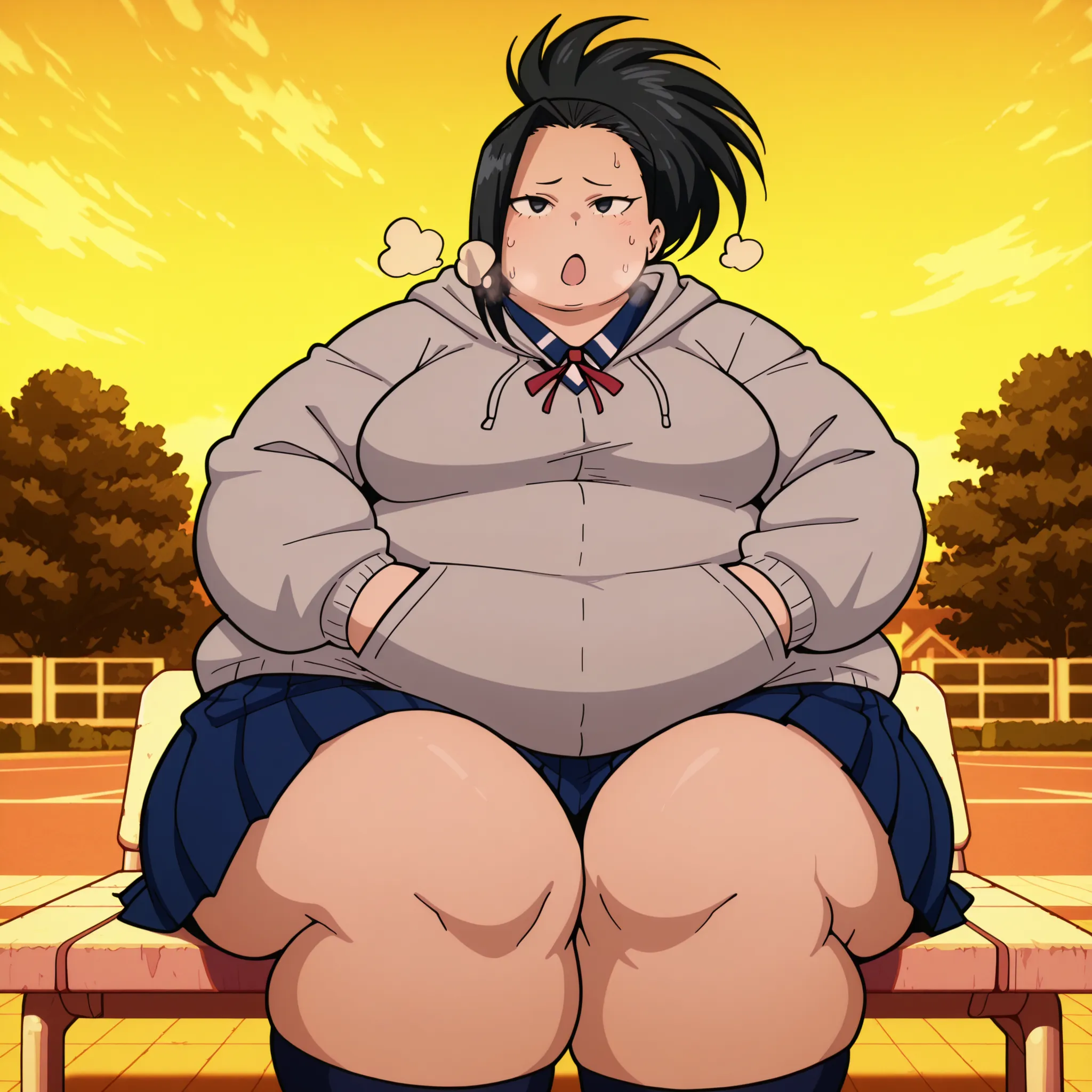 masterpiece, best quality, highres, newest, 1girl, solo, official style, anime screencap,  Yaoyorozu momo, black hair, black eyes, , school uniform, red ribbon, grey hoodie, blue pleated skirt, looking at viewer, outdoor, cowboy shot, hands on pockets full...