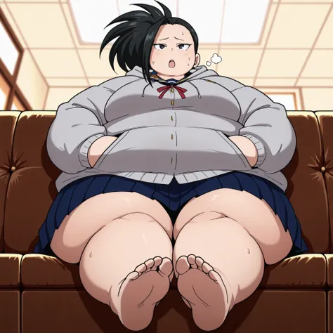 masterpiece, best quality, highres, newest, 1girl, solo, official style, anime screencap,  Yaoyorozu momo, black hair, black eyes, , school uniform, red ribbon, grey hoodie, blue pleated skirt, looking at viewer, , cowboy shot, hands on pockets full body s...