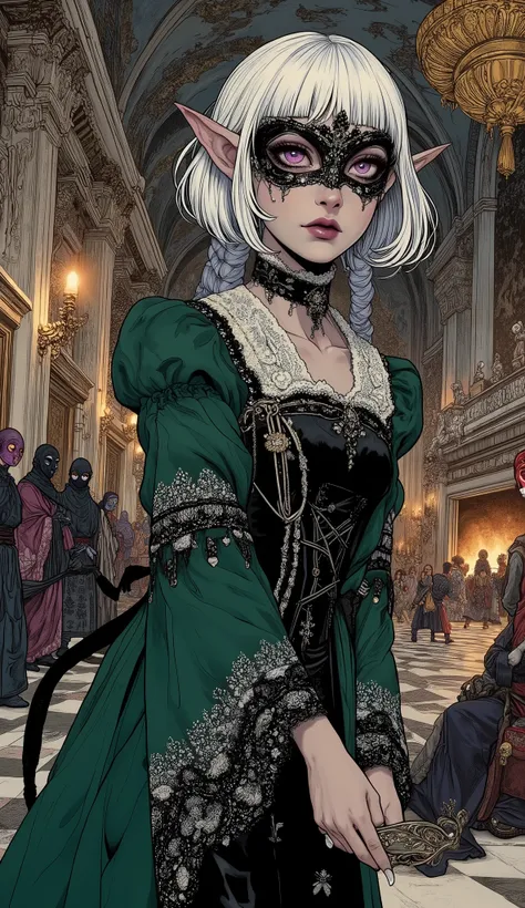 (A fusion of Ukiyo-e and dark fantasy. Aesthetic and gothic digital art. Draw a detailed face. Look away. Draw the picture at an angle.) BREAK 
(White hair. Blunt bangs. White eyebrows. Long white eyelashes. Almond-shaped eyes. Lavender eyes. Dark, thick e...