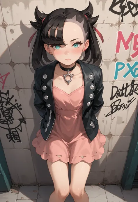 Score_9, score_8_up, score_7_up, score_6_up, source_anime, rating:general, 1girl, Marnie, black hair, twintails, perfect eyes,  aqua eyes, perfect face, pale white skin, flat chest, black jacket, short pink dress , slender build, slender legs, dirty alleyw...