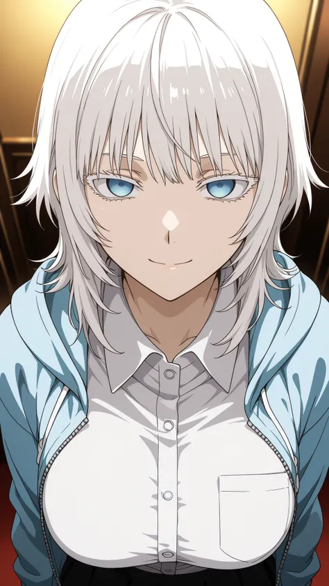 mozu,jormungand
High quality ,  best quality , masterpiece,  High Resolution ,anatomically correct,),anime coloring,
solo, 1 girl, adult
White hair,  medium hair, wolf cut, bangs,,blue eyes, empty eyes, large breasts, White collar shirt, black skirt, blue ...