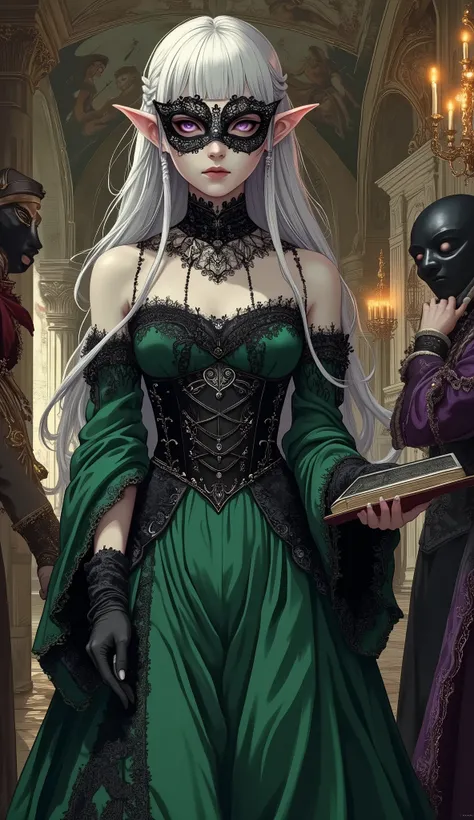 (A fusion of Ukiyo-e and dark fantasy. Aesthetic and gothic digital art. Draw a detailed face. Look away. Draw the picture at an angle.) BREAK (White hair. Blunt bangs. White eyebrows. Long white eyelashes. Almond-shaped eyes. Lavender eyes. Dark, thick ey...