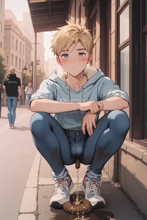 score_9, score_8_up, score_7_up, best quality. Slim sporty boy 1boy, wearing hoodie, 1boy, (is squatting, Legs lowered :1.1), ((( Poop ,)), internal, 1boy, blonde hair,, wide shoulder ,thin waist, wide hips, break, (a pair of light blue skin tight leggings...