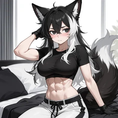 woman, KITSUNE ears and tail, black and white colored hair, white and black eyes, black t-shirt, white combat pants, buff, abs, black gloves, hottie, above average-sized breasts, slight blush, black bedroom background, digital anime style