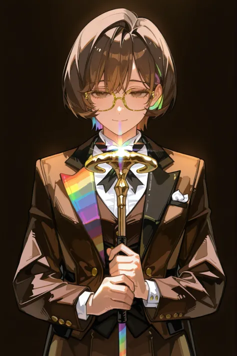 womanhood,Brown Short Hair,25 years old,The tuxedo is made of rainbow patchwork,radiates a rainbow of light,Reflective,gold-framed glasses,Round Face,brown eyes,soft expression,Holding a cane, nobility, no background ,