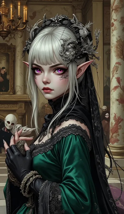 (A fusion of Ukiyo-e and dark fantasy. Aesthetic and gothic digital art. Draw a detailed face. Look away. Draw the picture at an angle.) BREAK (White hair. Blunt bangs. White eyebrows. Long white eyelashes. Almond-shaped eyes. Lavender eyes. Dark, thick ey...