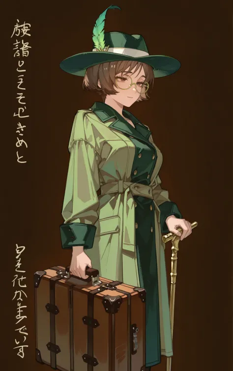 womanhood,25 years old,Brown Short Hair,green trench coat,green feather high-brimmed hat,gold-framed glasses,Round Face,brown eyes,soft expression,with a cane in one hand,A suitcase, nobility, no background