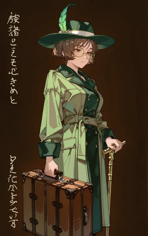 womanhood,25 years old,Brown Short Hair,green trench coat,green feather high-brimmed hat,gold-framed glasses,Round Face,brown eyes,soft expression,with a cane in one hand,A suitcase, nobility, no background