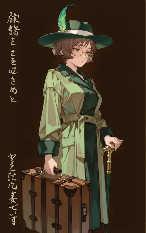 womanhood,25 years old,Brown Short Hair,green trench coat,green feather high-brimmed hat,gold-framed glasses,Round Face,brown eyes,soft expression,with a cane in one hand,A suitcase, nobility, no background