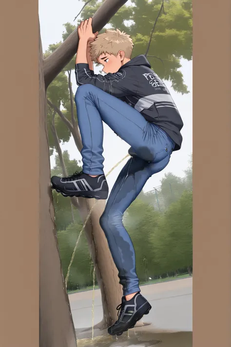 In a skate park the sporty boy, climbing on a tree. He wearing extra high black Vans sneakers. His eyes gleam with determination, his muscles straining against the tight jeans-leggings that cling to his legs like a second skin. The air is thick with the sm...