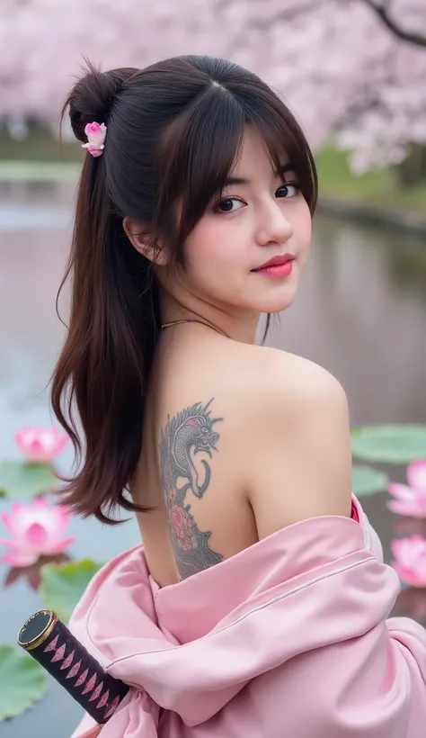 A young woman with long, flowing black hair, adorned with pink cherry blossom accents, gazes over her shoulder. She wears a delicate pink kimono featuring floral patterns, revealing intricate tattoos of pink lotuses and a dragon on her back. Standing in se...