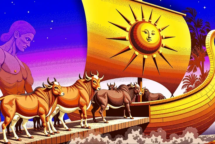 The loading of Geryon's red cattle onto the golden boat of Helios. The scene shows accurate human and animal proportions. Hercules stands near a wooden ramp guiding a line of large, muscular red cattle stepping one by one onto the ornately decorated golden...