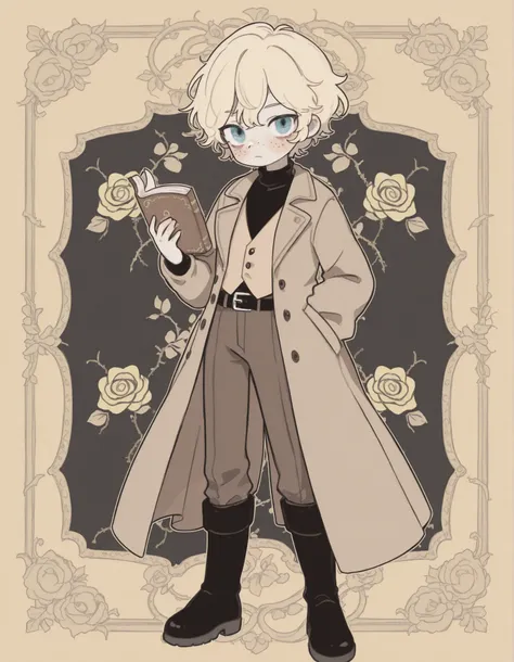 full body. monotone. cel shading. zerochan illustration. solo. 1 male. a boy. blonde. light blonde hair. short hair. blue eyes. pale skin. freckles. holding a book. grumpy expression. cute. small. black turtleneck shirt. light brown vest. dark brown coat. ...