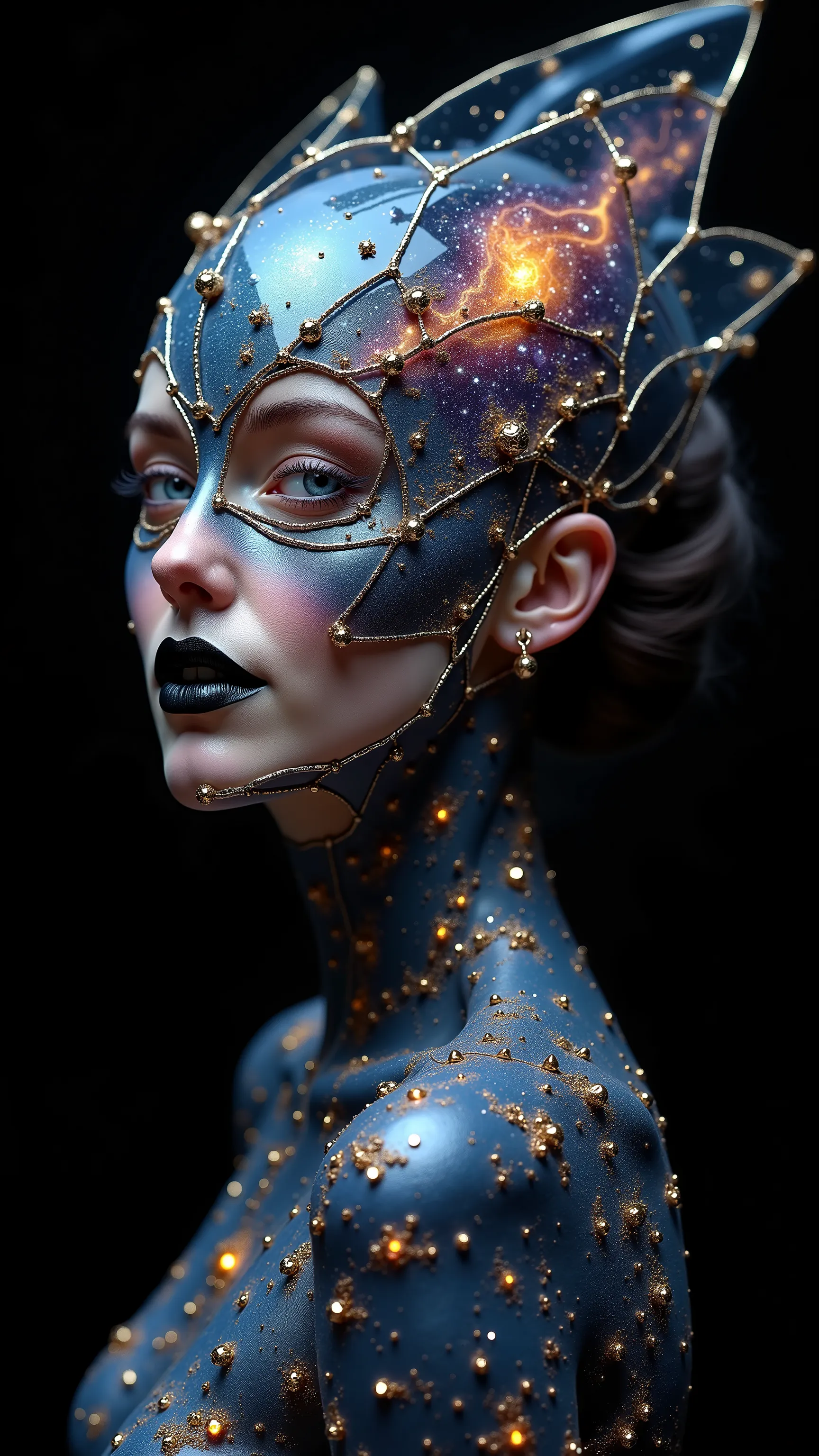 Full length portrait of female with skin like liquid stardust, their mask a swirling nebula trapped inside fractured glass. Tiny constellations blink across their cheekbones, and their eyes are voids filled with dying stars. Strands of their hair float wei...