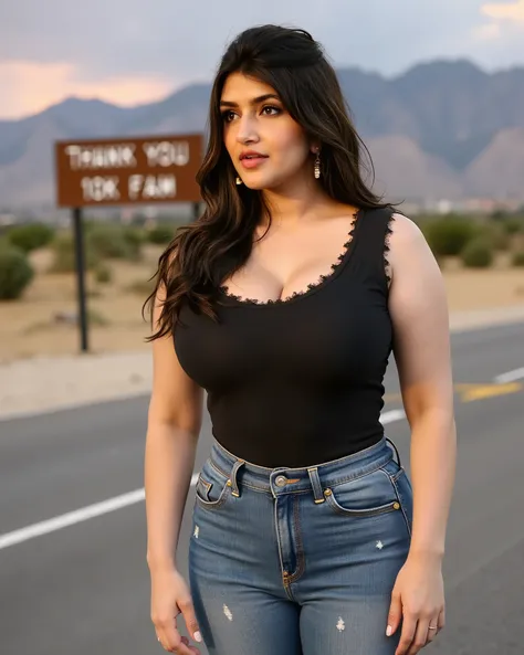 An indian 25 girl wearing black sleeveless t shirt and parrallel lines denim pant,with big breasts,visible big cleavage,visible navel standing in middle of road with lust in her eyes,A phrase"Thank you 10k Fam" on the road sign board.big mountains i. backg...