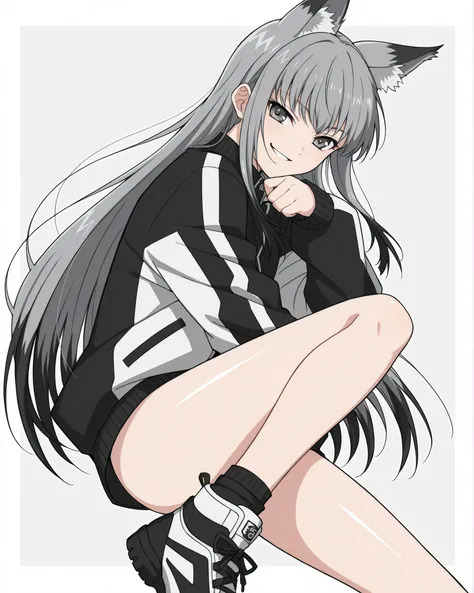 leg up, beautiful kemonomimi anime girl on shojo anime style, fox ears with black tips, straight long gray to red ombre hair, shiny eyes, streetwear jacket, confident smirk, white color background