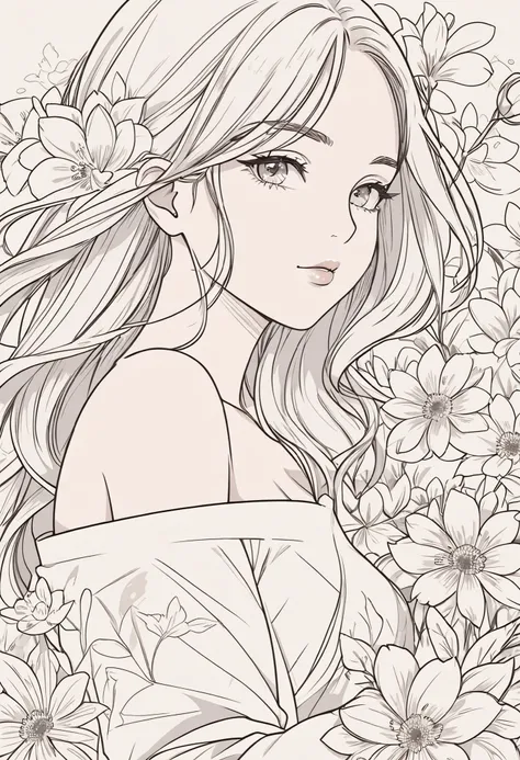 Girl with flowers，Vector Art, flattened at the end of the hair, Smooth Line Art , minimalism,  graphic design aesthetic ,  flat illustration , (Masterpiece, best quality, perfect composition, is very beautiful, HIGH RESOLUTION, super detailed, complicated ...