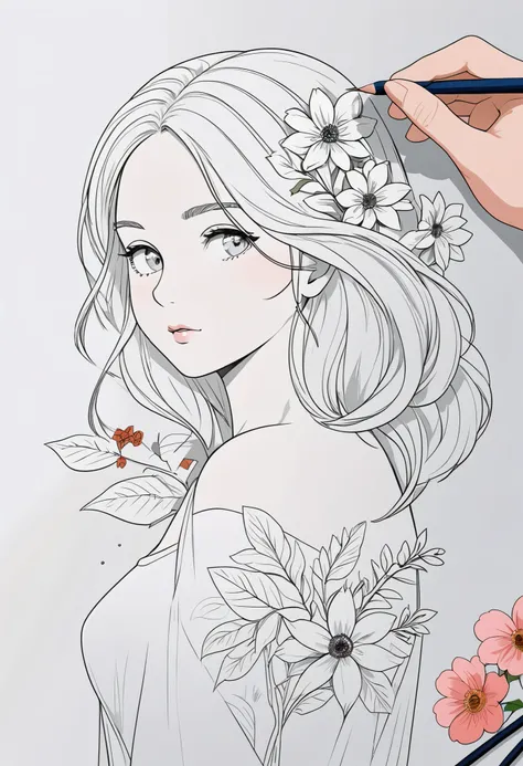Girl with flowers，Vector Art, flattened at the end of the hair, Smooth Line Art , minimalism,  graphic design aesthetic ,  flat illustration , (Masterpiece, best quality, perfect composition, is very beautiful, HIGH RESOLUTION, super detailed, complicated ...