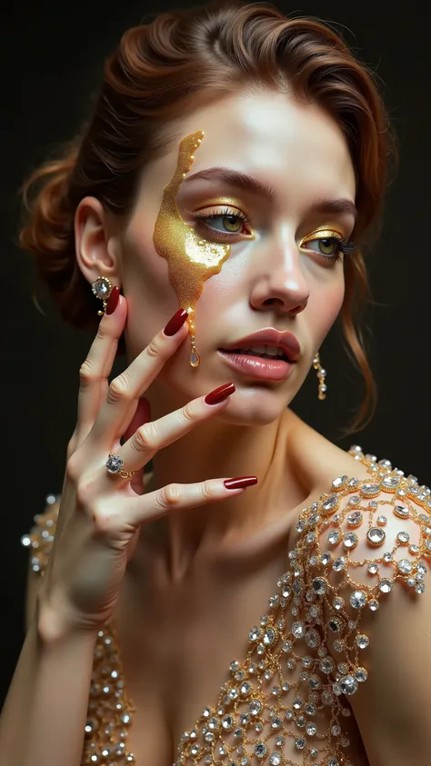 A stunning woman with porcelain skin and golden liquid dripping from her fingertips, wearing a haute couture crystal-embellished gown, photorealistic fashion photography, surreal metallic reflections, dramatic studio lighting, hyper-detailed, Vogue cover s...
