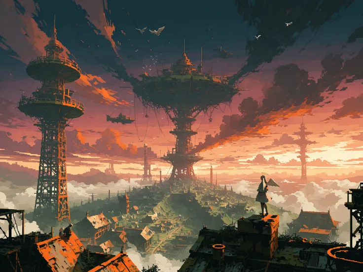 very wide shot, makes an aesthetic, Master piece, Best Quality, ultra detailed, (1 angel:1.6), Organic and graceful airships, Ruined City, Mutant Hideout tower, huge rotting tower, Post-apocalyptic Worlds, twilight, pixel art,
