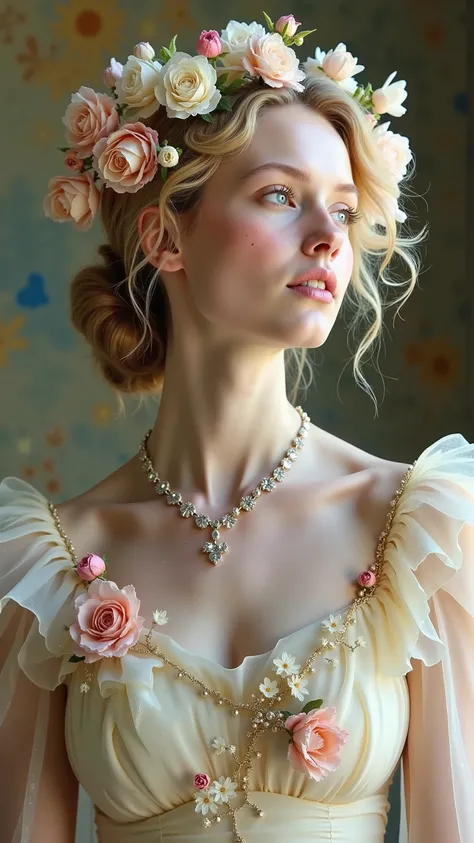 A delicate blonde with flowers growing from her hair like living jewelry, wearing a translucent silk gown embroidered with real petals, ultra-photorealistic, soft diffused light, ethereal and surreal, high-fashion editorial, dreamy yet sophisticated.