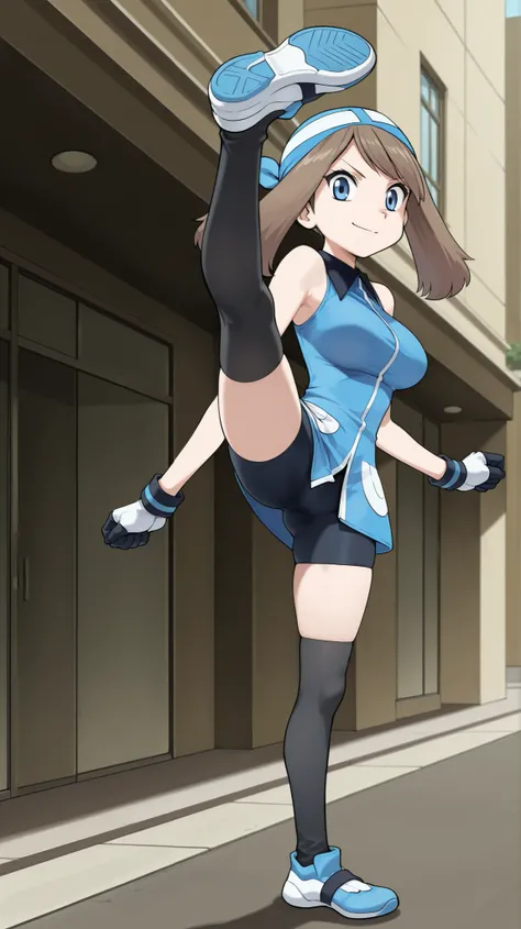 adult older sister, Tall, big boobs, high kick, Kick the viewer, black knee-high stockings, Absolute region, thighs, Blue shoes, ((anime screenshot, anime cong, )) SapphireBirchILXL, ((top quality)), ((masterpiece)), ((details)), solo, 1girl, two legs, two...