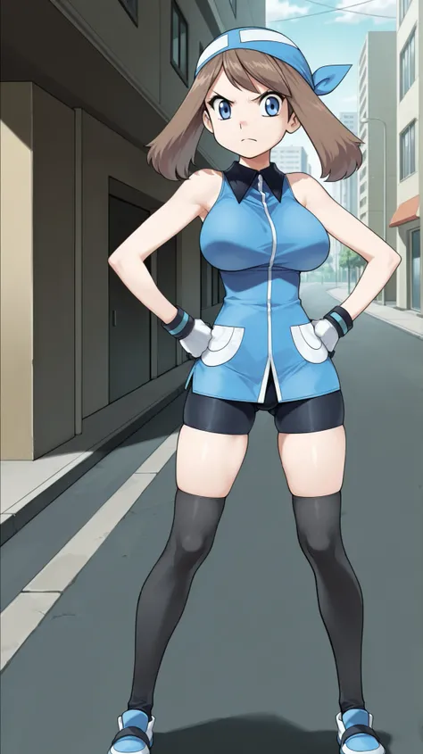 adult older sister, Tall, big boobs, jam one's hands on one's hips, black knee-high stockings, Absolute region, thighs, Blue shoes, ((anime screenshot, anime cong, )) SapphireBirchILXL, ((top quality)), ((masterpiece)), ((details)), solo, 1girl, two legs, ...