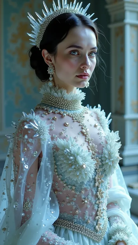 A regal woman with translucent glass-like skin revealing subtle inner fractals, draped in a shimmering diamond-encrusted gown, ultra-high detail, surreal fashion photography, icy blue tones, cinematic glamour, otherworldly beauty.