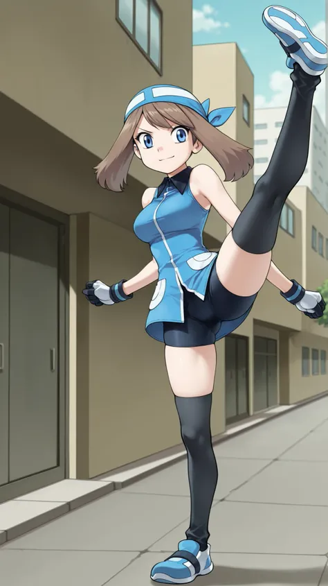 adult older sister, Tall, big boobs, high kick, Kick the viewer, black knee-high stockings, Absolute region, thighs, Blue shoes, ((anime screenshot, anime cong, )) SapphireBirchILXL, ((top quality)), ((masterpiece)), ((details)), solo, 1girl, two legs, two...