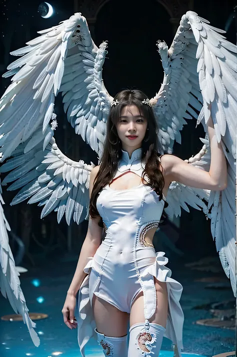 Cyborg, Girl, Beautiful girl, Cute, Sexy, Strong, Slender, Delicate, Smile, (ta costume), High legs, Metallic, ultra color, paisley, mandalas, Near future, Heaven, angel, feater, wing, Helix lamp, (The wings are symmetrically paired;1.5),