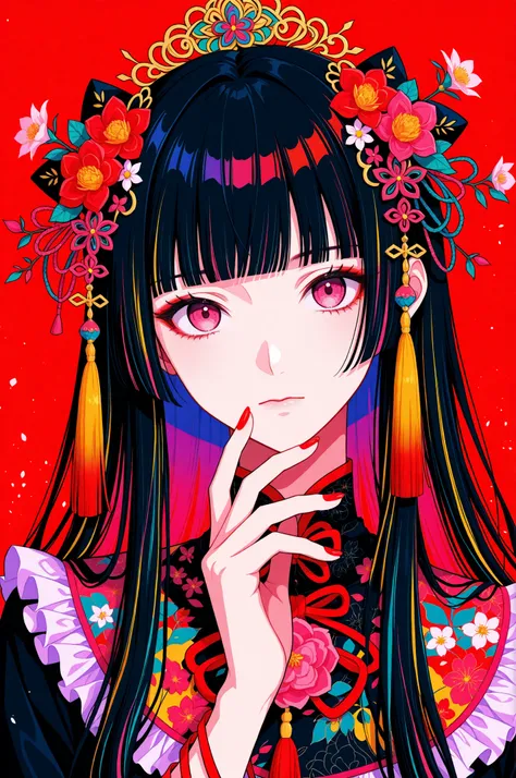 
woman, solo, red nails, looking at viewer, bangs, pink eyes, long hair, black hair, hair ornament, hand up, flower, blunt bangs, closed mouth, tassel, ribbon, portrait, colorful, red background, frills, multicolored hair, upper body,