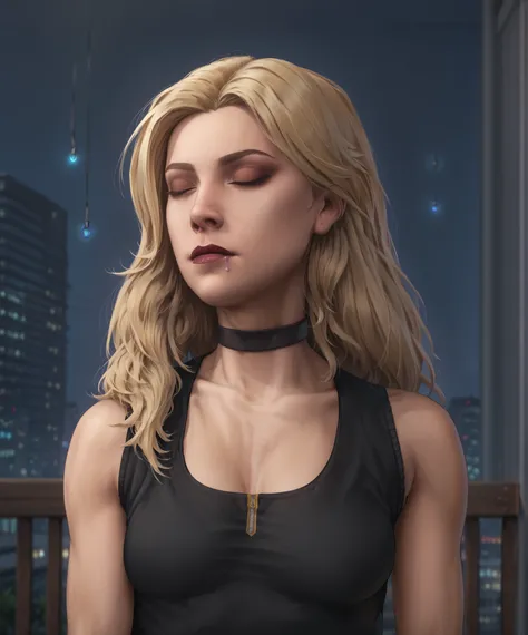 score_9, score_8_up, score_7_up, score_6_up, score_5_up, score_4_up, masterpiece, best quality, amazing quality, very aesthetic, absurdres, newest, 1girl, solo, blkcnryxl, blonde hair, black bra, choker, upper body, expressionless, closed_eyes, closed eyes...