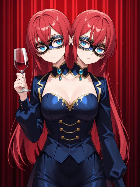 two heads, anime girl with two heads, fancy masquerade attire, bored, red hair, blue eyes, holding a wine glass, masquerade ball